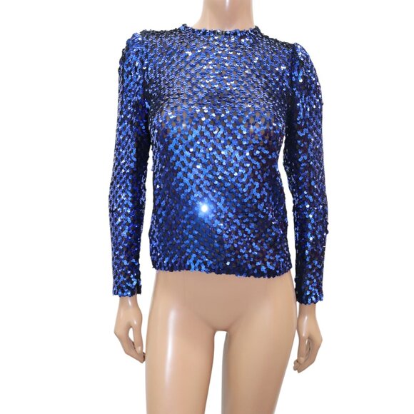 Vintage DAZZLING Sequin Blue Long Sleeve Party Top S - Picture 1 of 4
